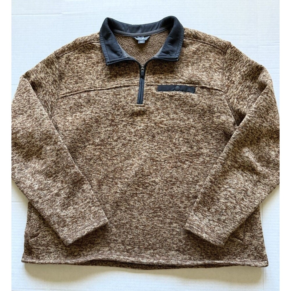 Eddie Bauer Quarter Zip Brown Heathered Fleece Sweater Men's Size XL - Picture 1 of 10